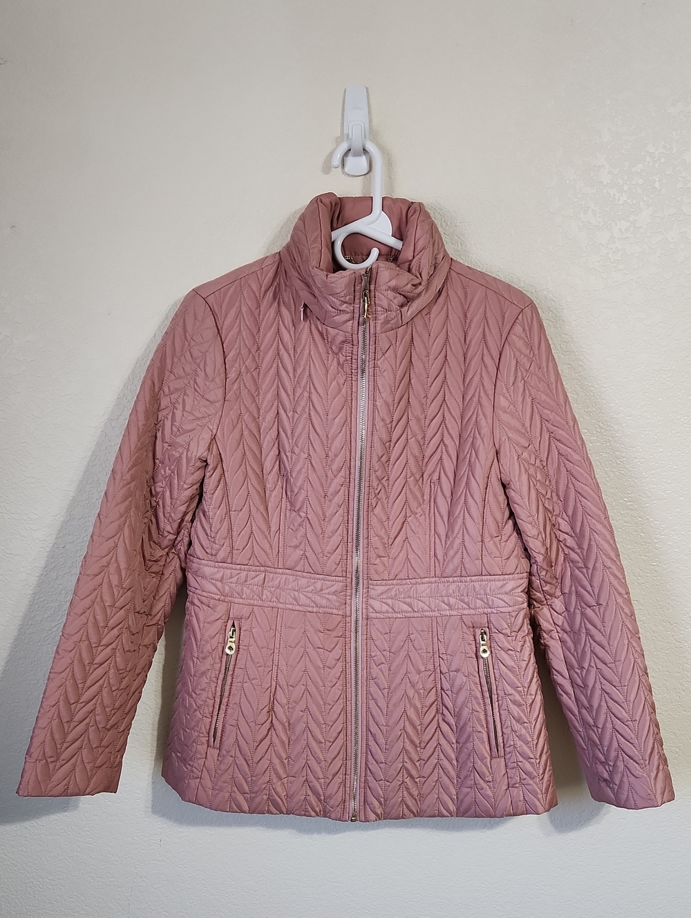 Kate Spade Chevron Quilted Full Zip Hooded Jacket Dusty Rose Size Medium - Picture 3 of 12